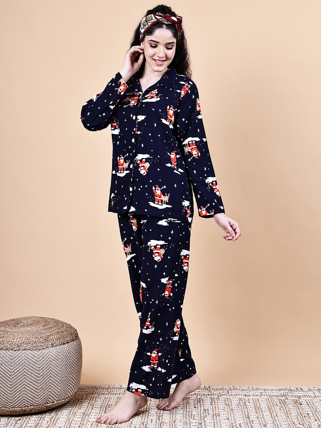 Navy Blue Christmas  Flannel Night Suit