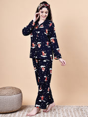 Navy Blue Christmas  Flannel Night Suit
