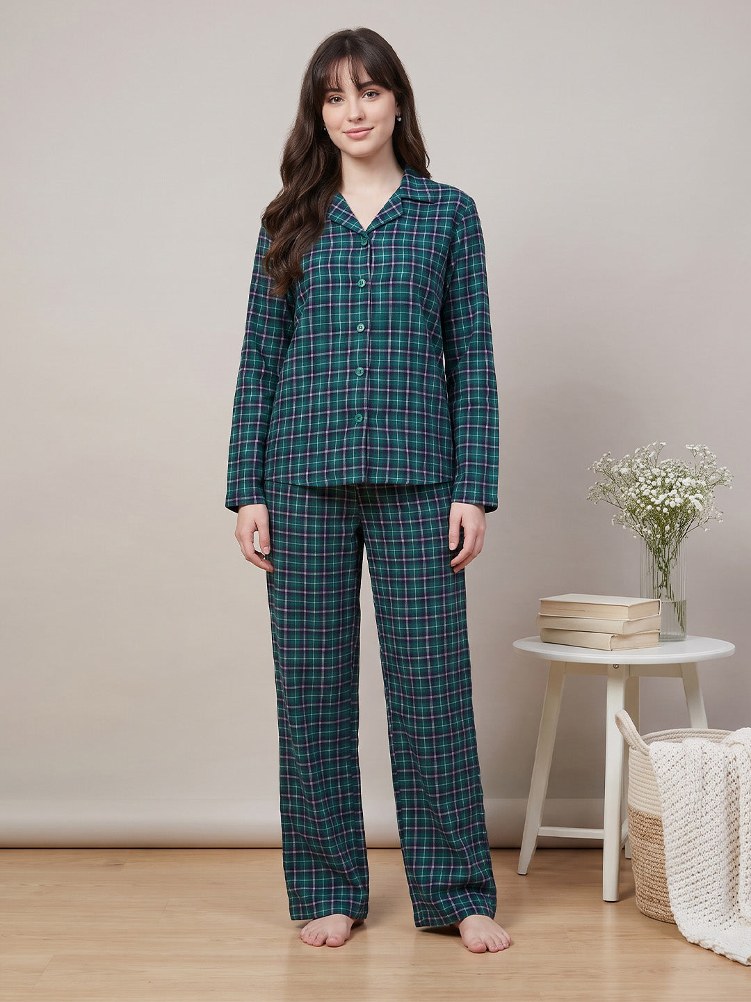 Teal Green Checkered Flannel Flannel Night Suit