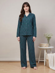 Teal Green Checkered Flannel Flannel Night Suit
