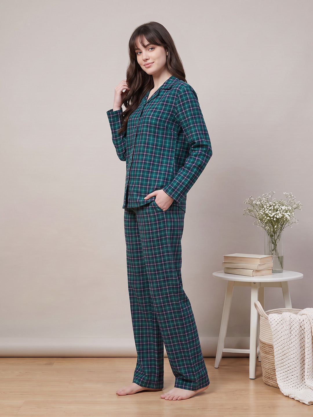 Teal Green Checkered Flannel Flannel Night Suit