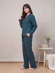 Teal Green Checkered Flannel Flannel Night Suit