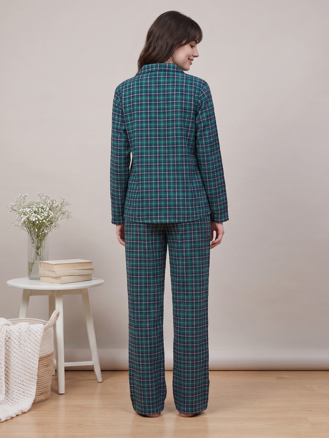 Teal Green Checkered Flannel Flannel Night Suit