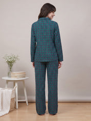 Teal Green Checkered Flannel Flannel Night Suit