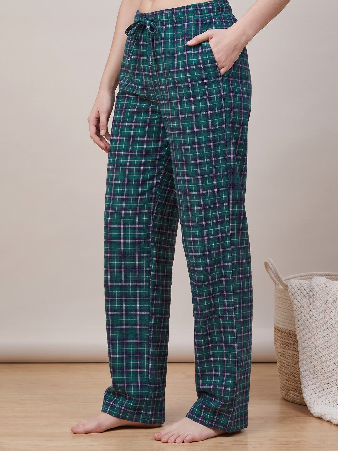Teal Green Checkered Flannel Flannel Night Suit