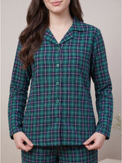Teal Green Checkered Flannel Flannel Night Suit