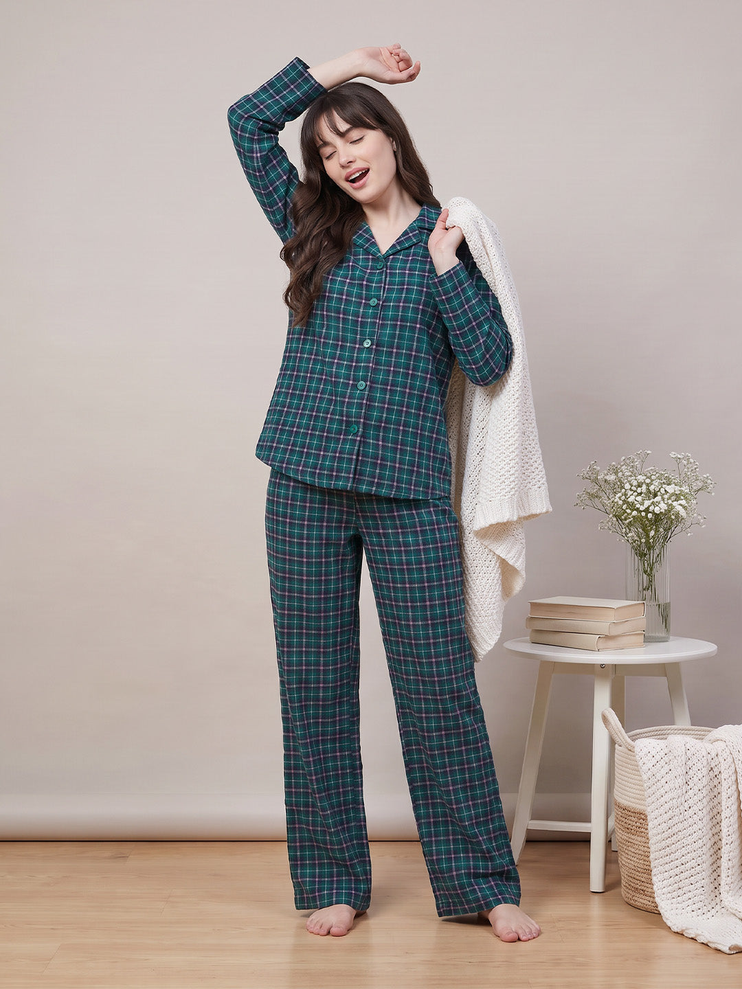 Teal Green Checkered Flannel Flannel Night Suit