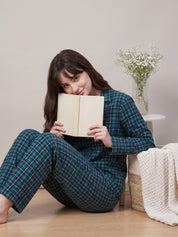 Teal Green Checkered Flannel Flannel Night Suit