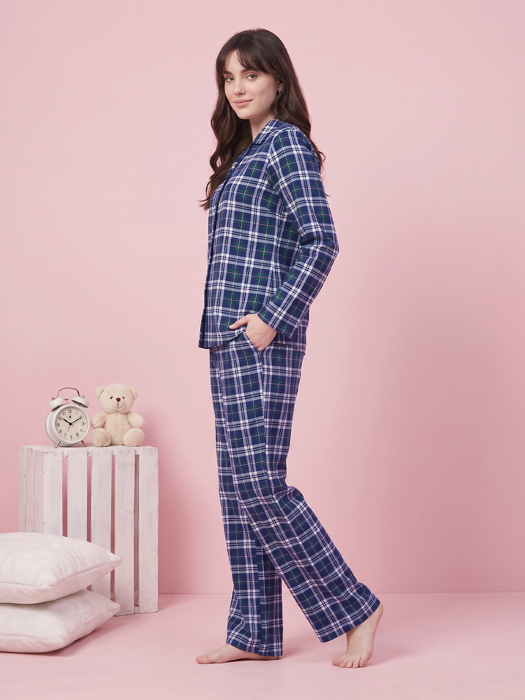 Navy Blue Checkered Flannel Flannel Night Suit