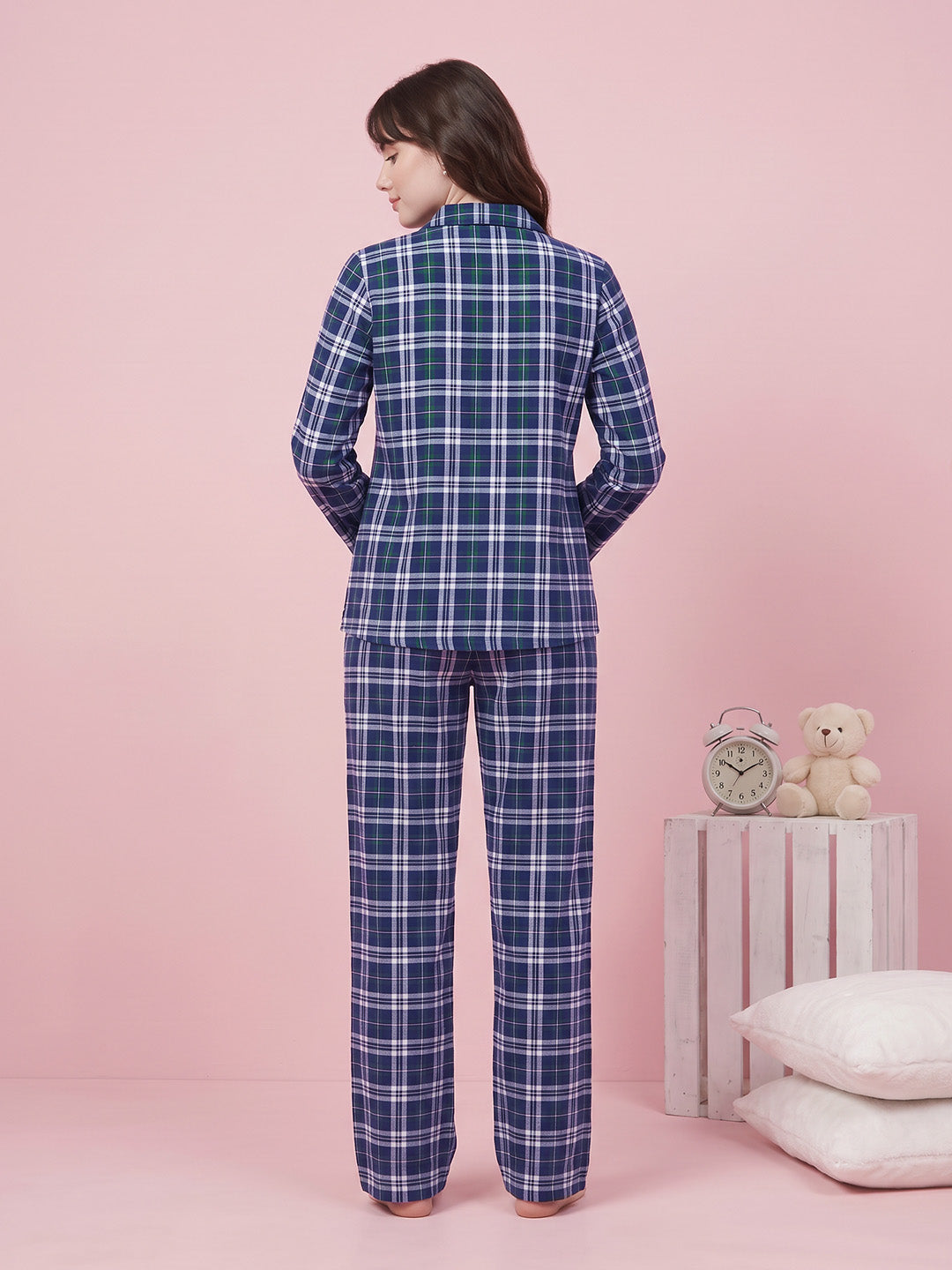Navy Blue Checkered Flannel Flannel Night Suit