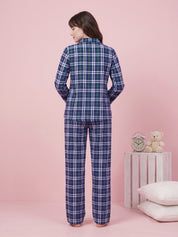 Navy Blue Checkered Flannel Flannel Night Suit