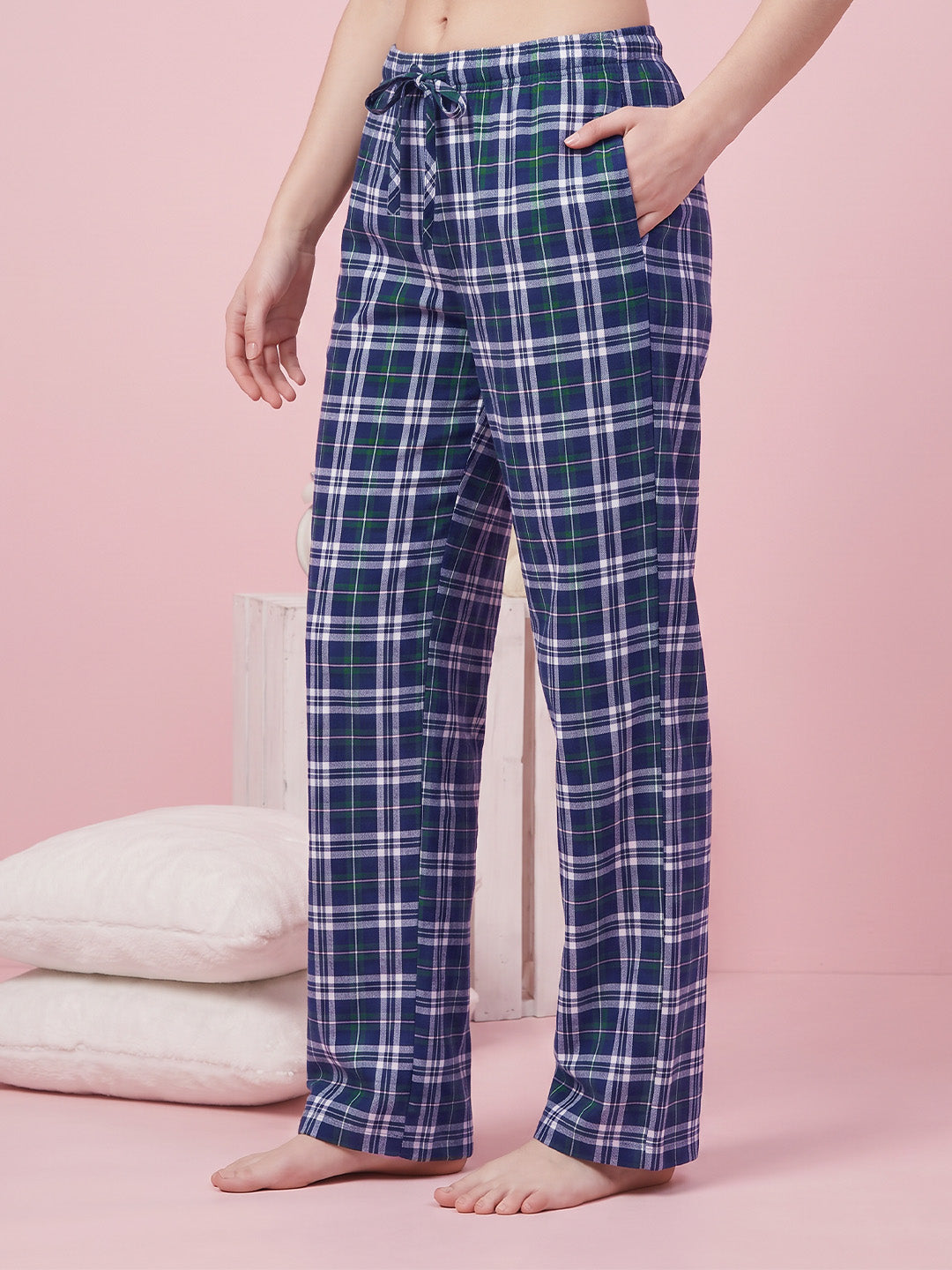 Navy Blue Checkered Flannel Flannel Night Suit