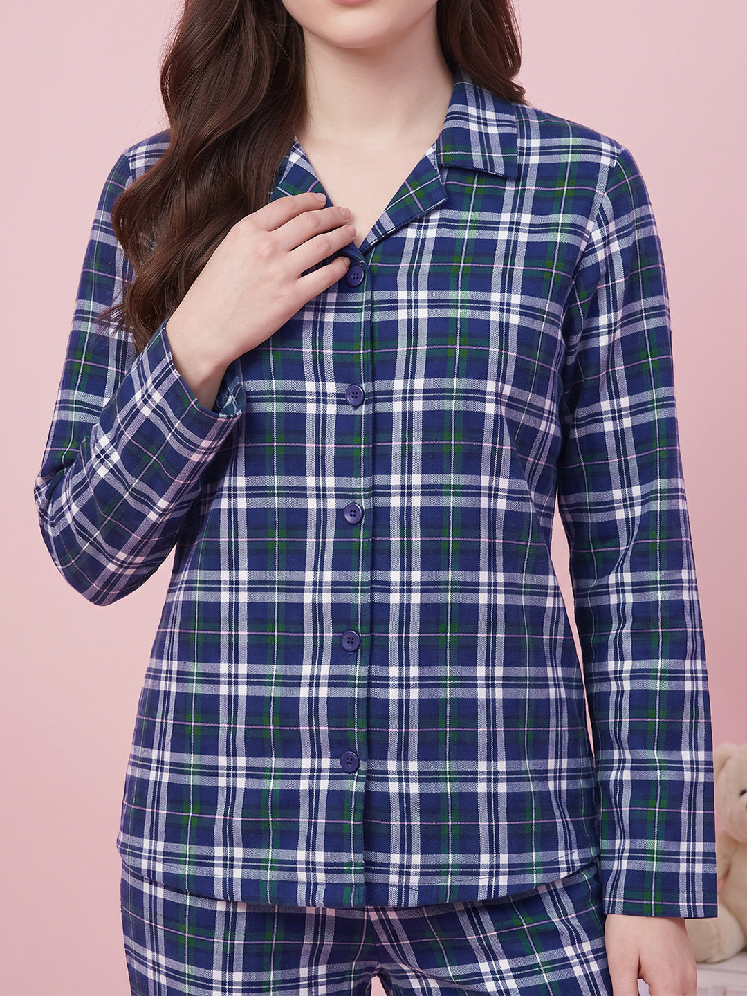 Navy Blue Checkered Flannel Flannel Night Suit