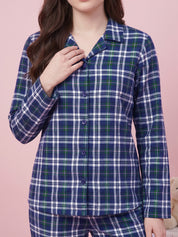 Navy Blue Checkered Flannel Flannel Night Suit