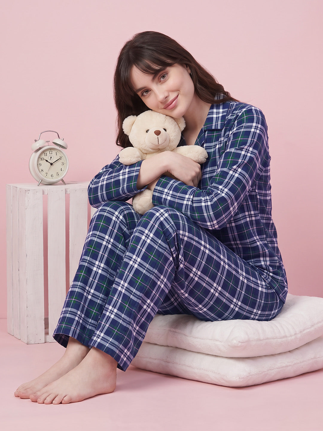 Navy Blue Checkered Flannel Flannel Night Suit