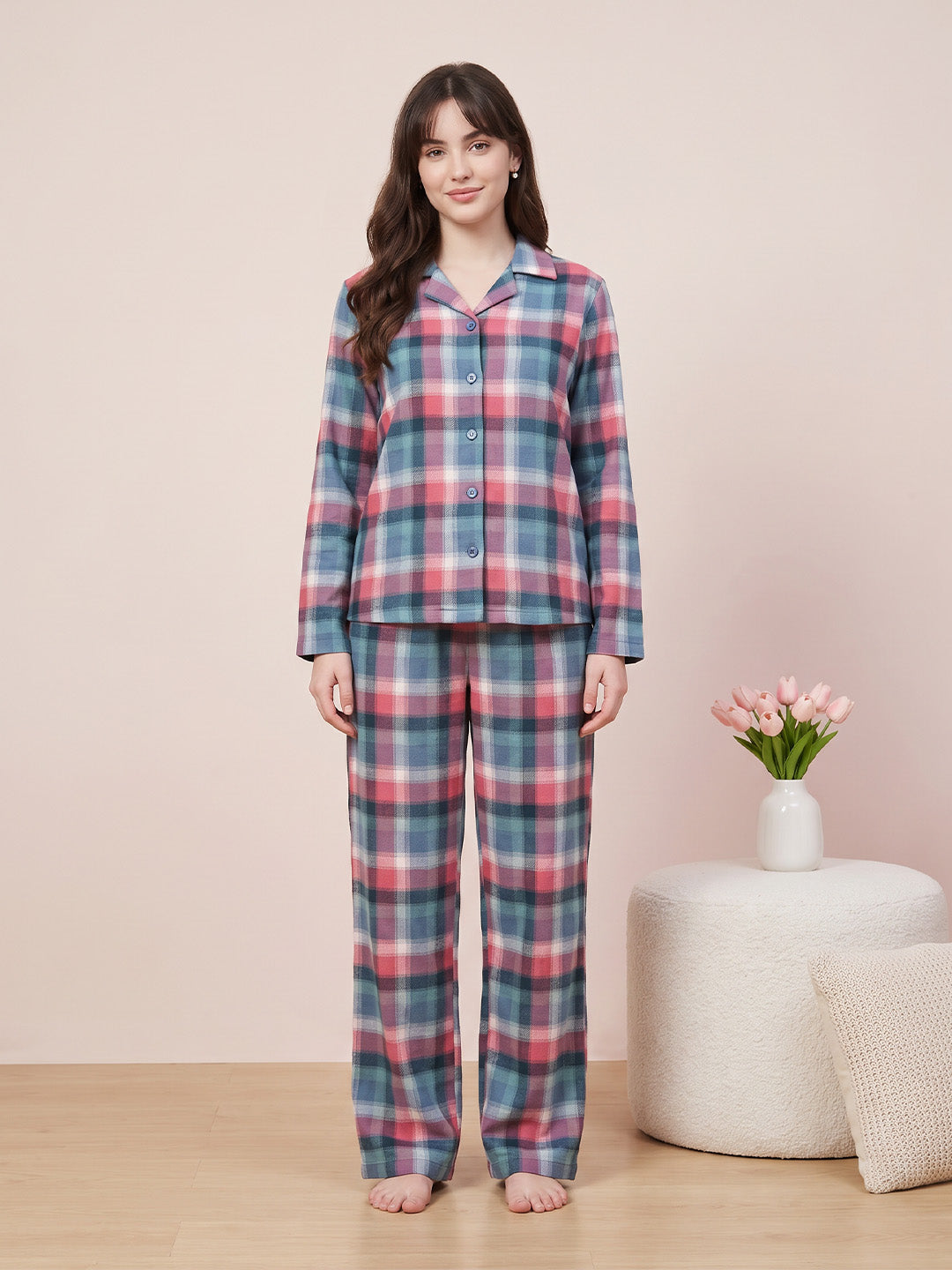 Multicolor  Checkered Flannel Flannel Night Suit