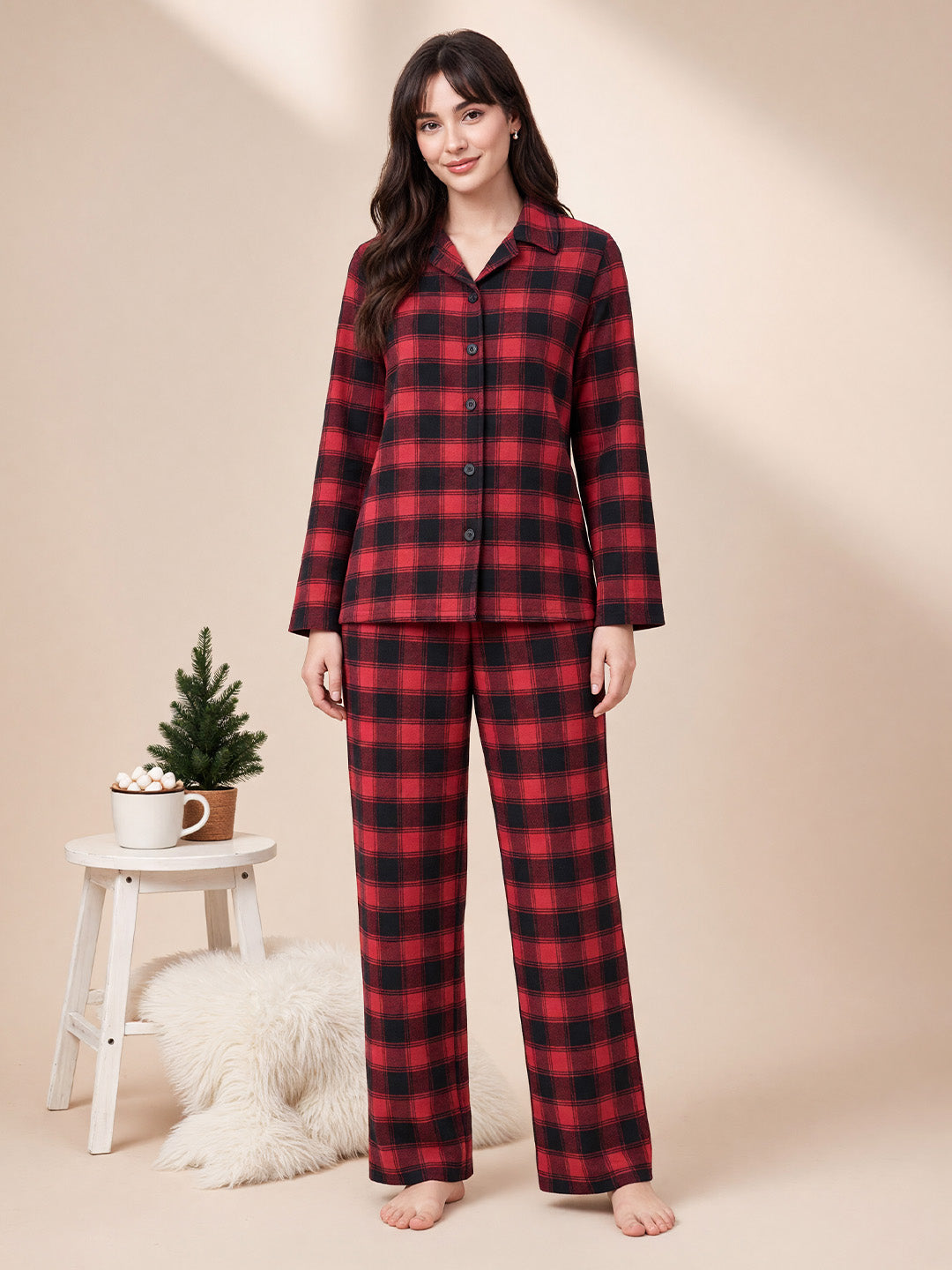 Red Checkered Flannel Flannel Night Suit