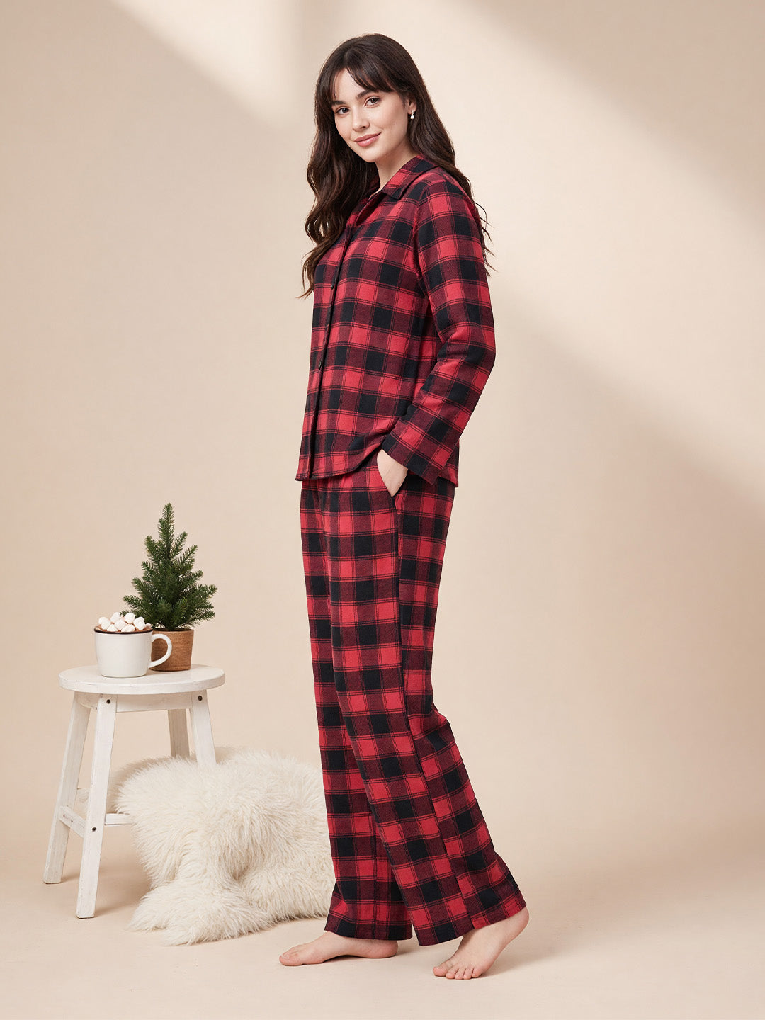 Red Checkered Flannel Flannel Night Suit