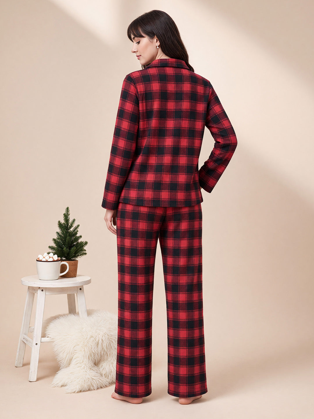 Red Checkered Flannel Flannel Night Suit