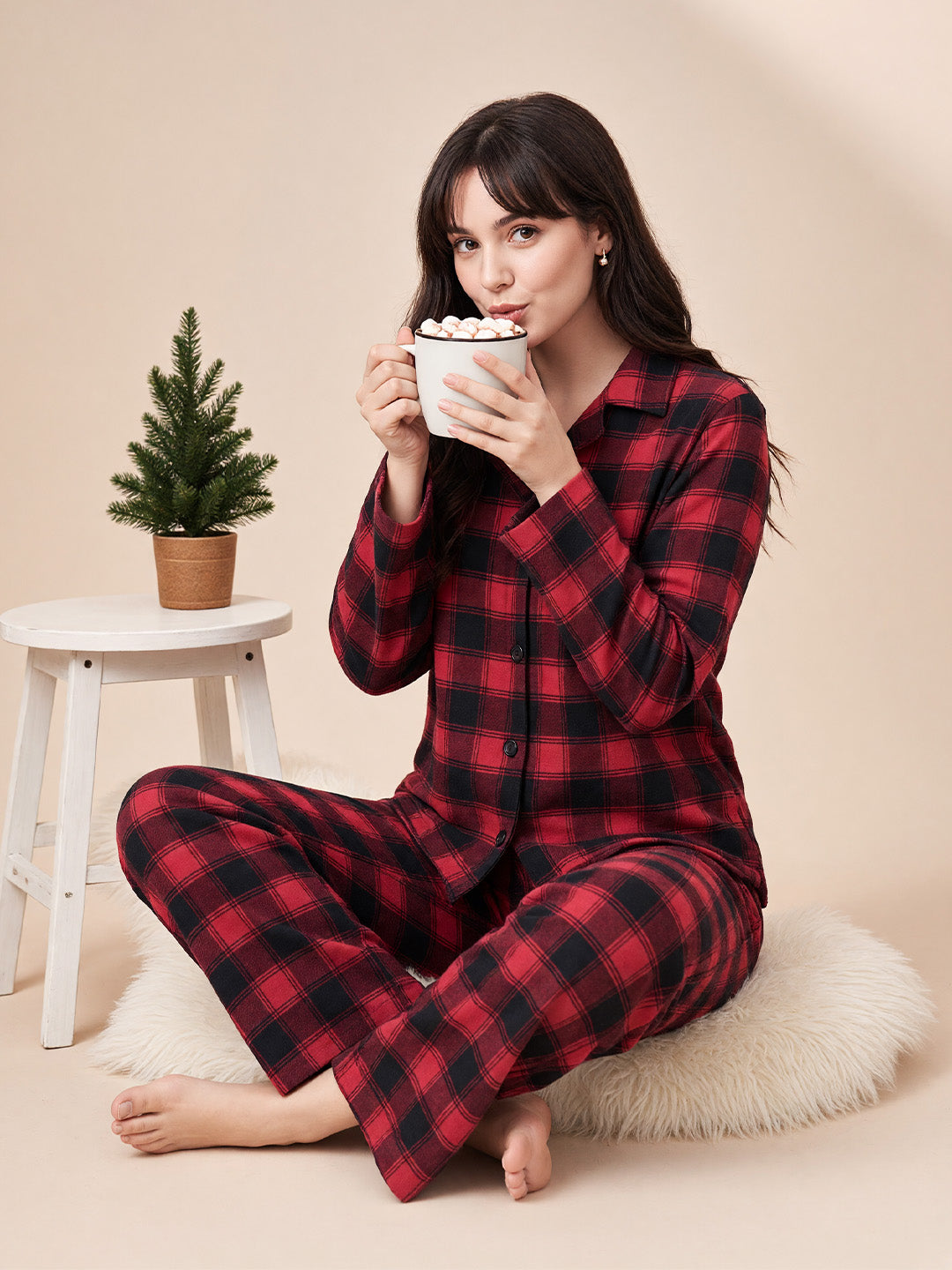 Red Checkered Flannel Flannel Night Suit