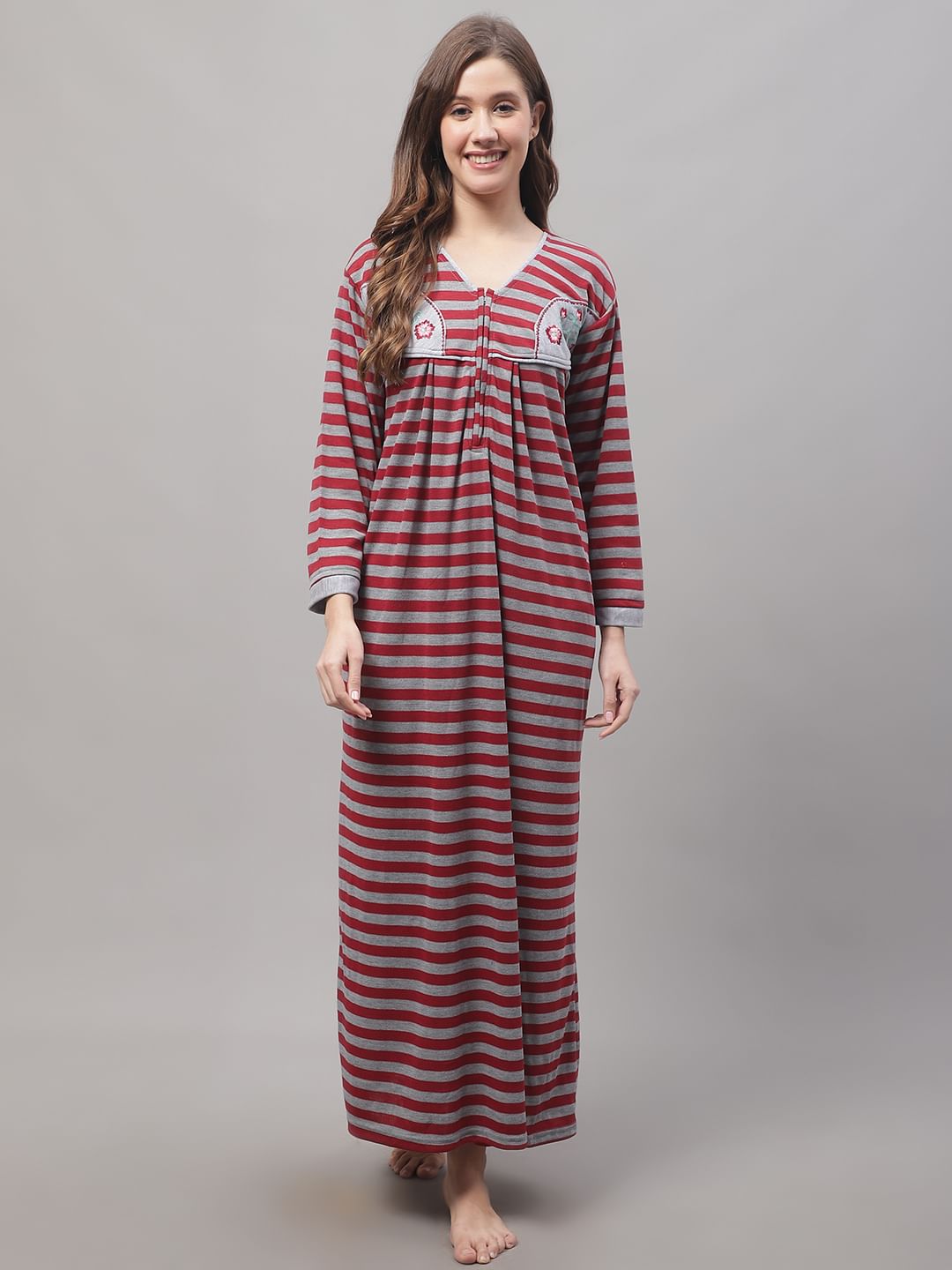Grey Woolen Nighty With Stripe Prints
