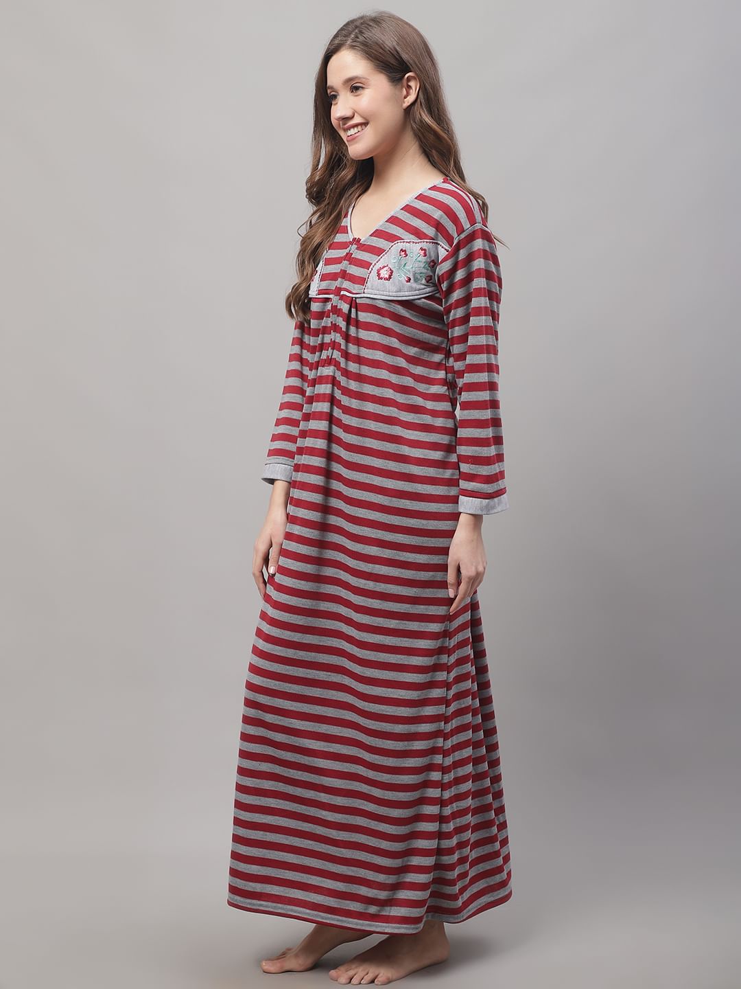 Grey Woolen Nighty With Stripe Prints