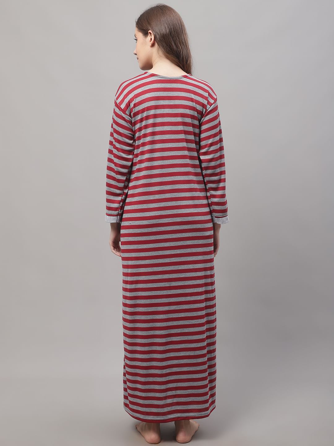 Grey Woolen Nighty With Stripe Prints