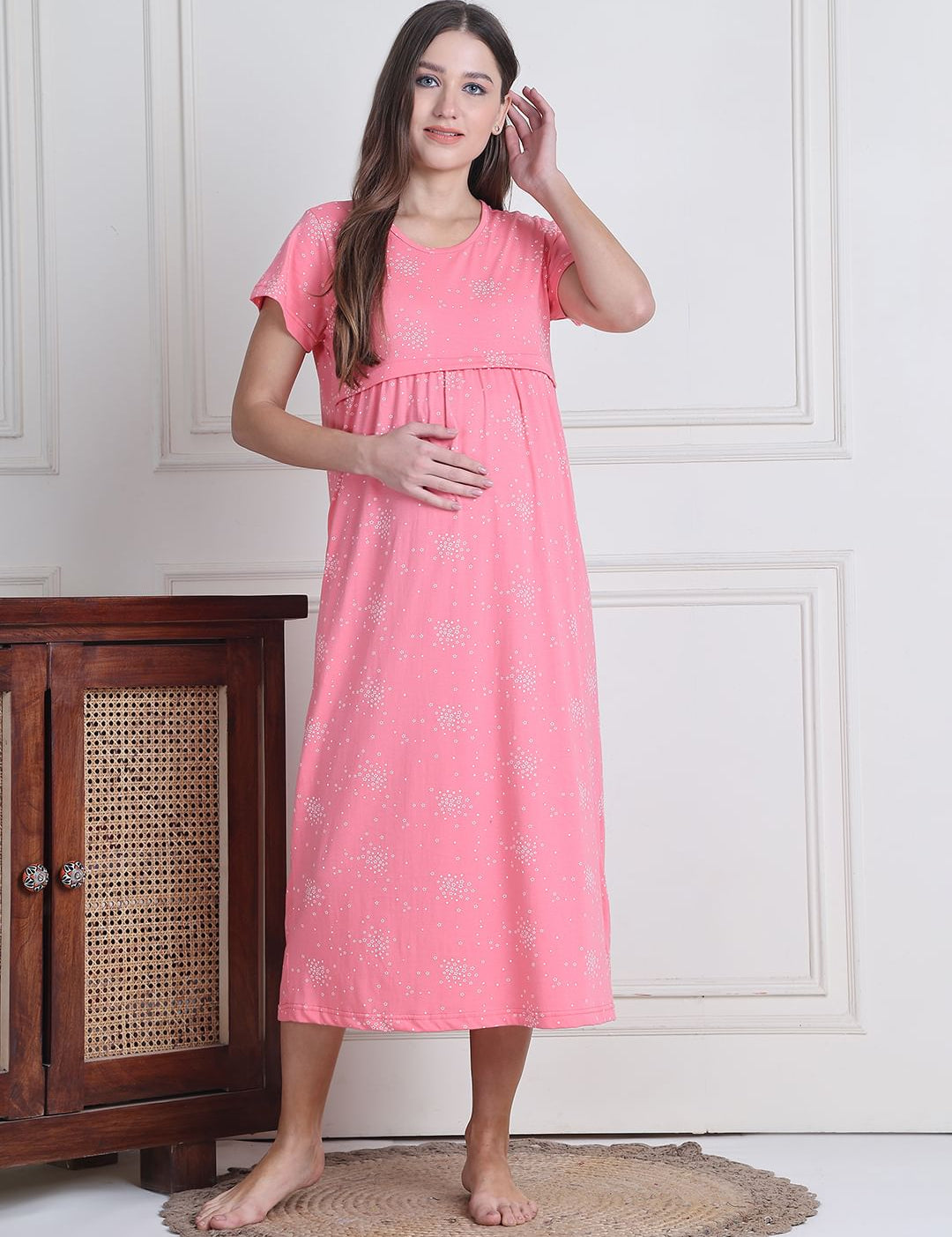 Pink Printed Hosiery Maternity Nighty