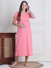 Secret Wish Pink Printed Hosiery Maternity Nighty