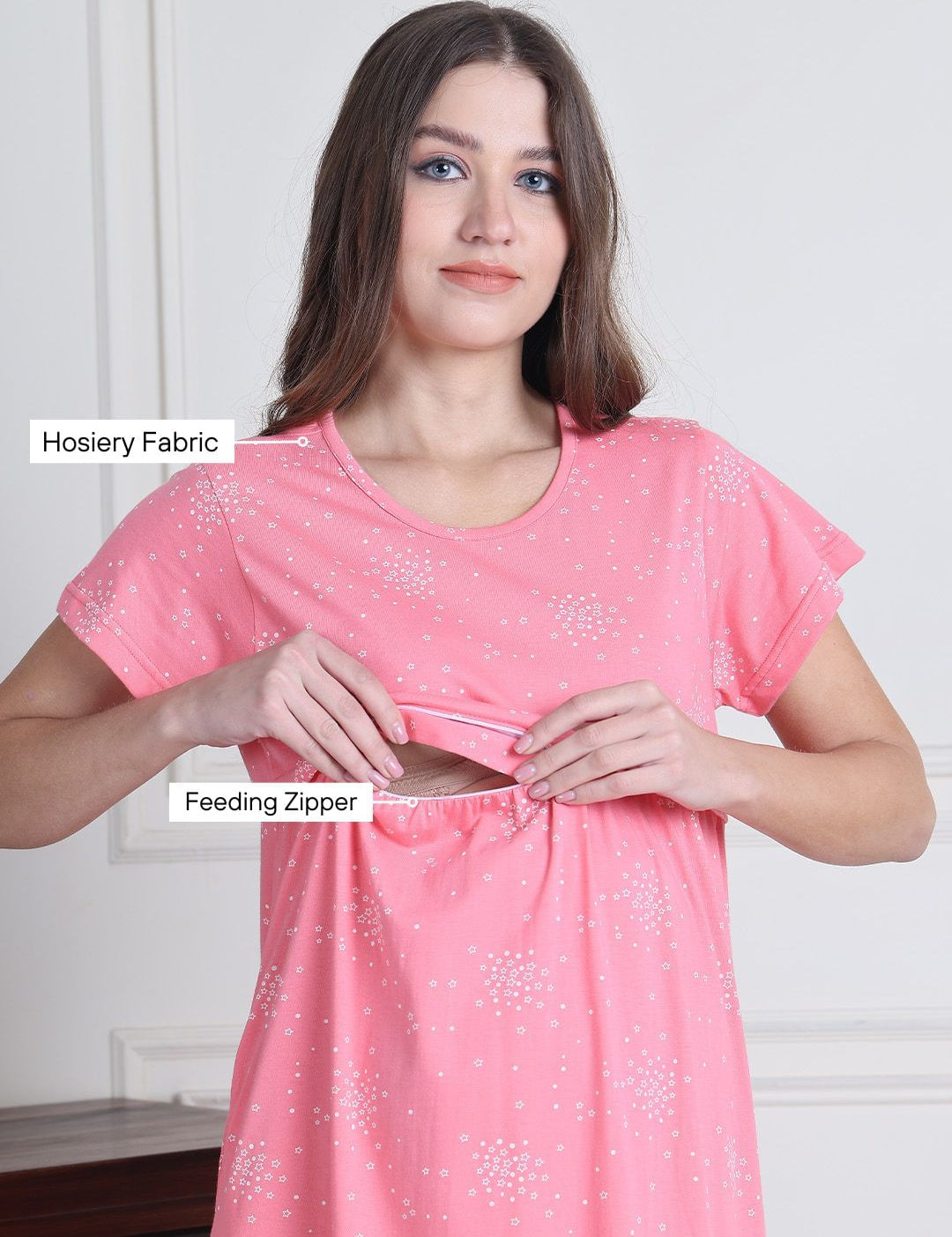 Pink Printed Hosiery Maternity Nighty