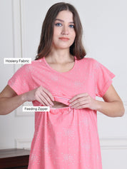 Secret Wish Pink Printed Hosiery Maternity Nighty