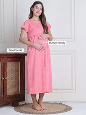 Secret Wish Pink Printed Hosiery Maternity Nighty