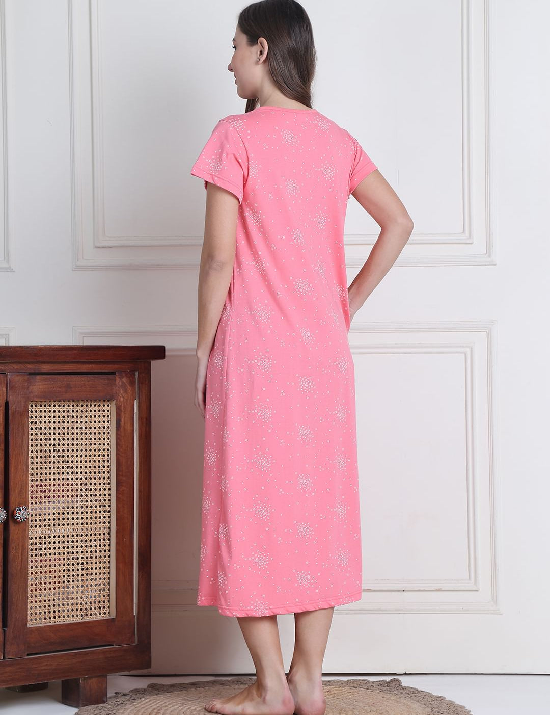 Pink Printed Hosiery Maternity Nighty