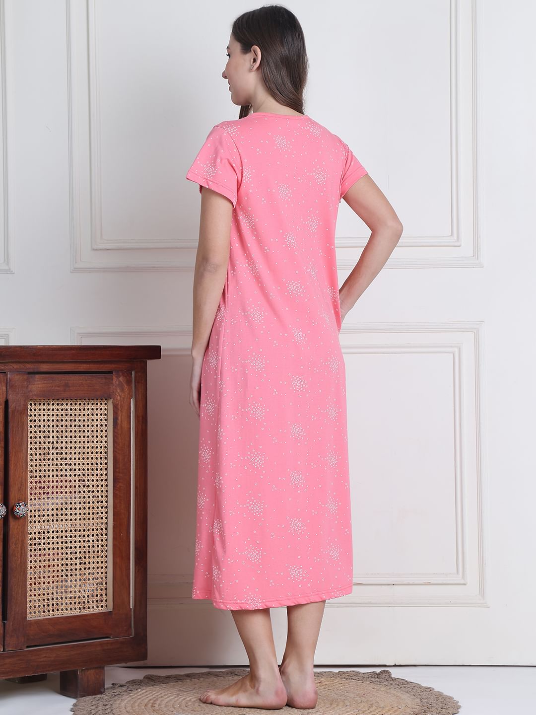 Secret Wish Pink Printed Hosiery Maternity Nighty