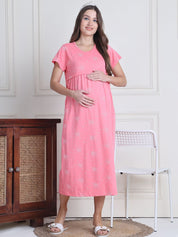 Secret Wish Pink Printed Hosiery Maternity Nighty