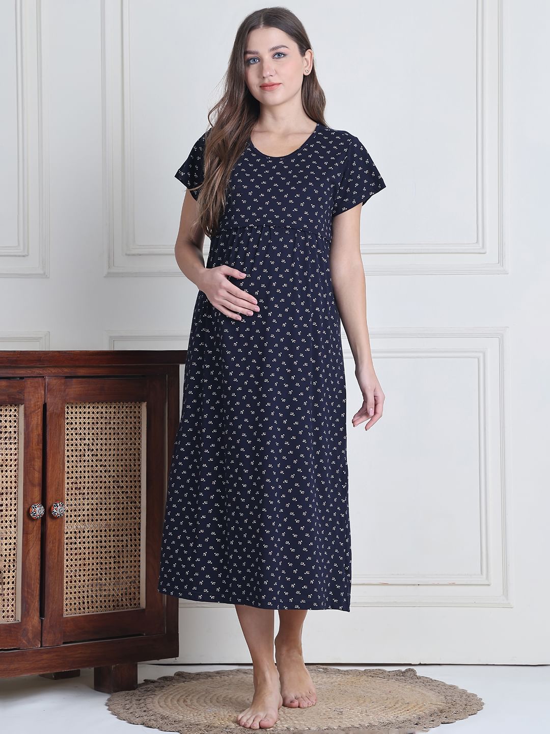 Secret Wish Navy Blue Printed Hosiery Maternity Nighty
