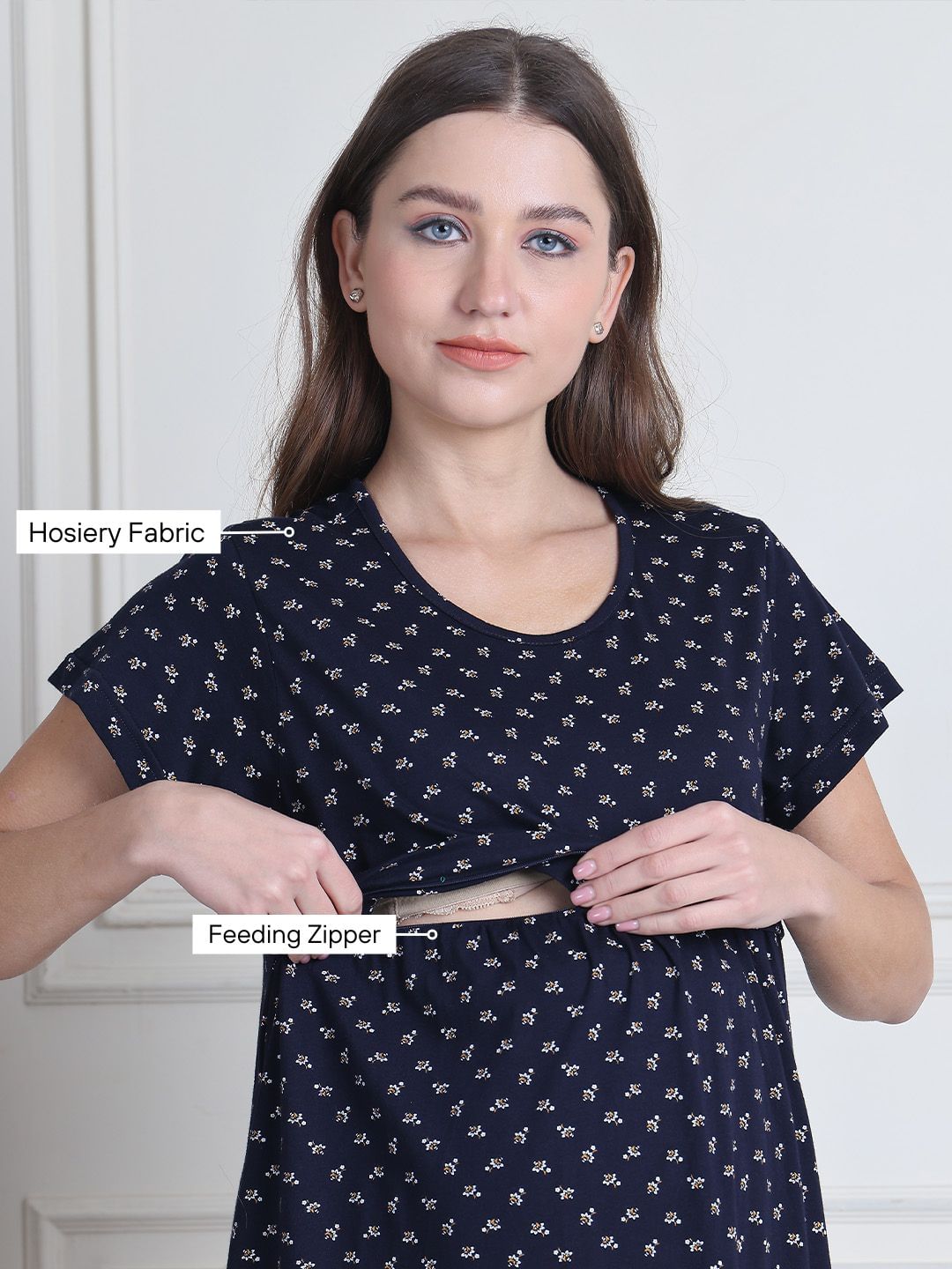 Secret Wish Navy Blue Printed Hosiery Maternity Nighty