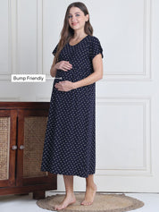Secret Wish Navy Blue Printed Hosiery Maternity Nighty