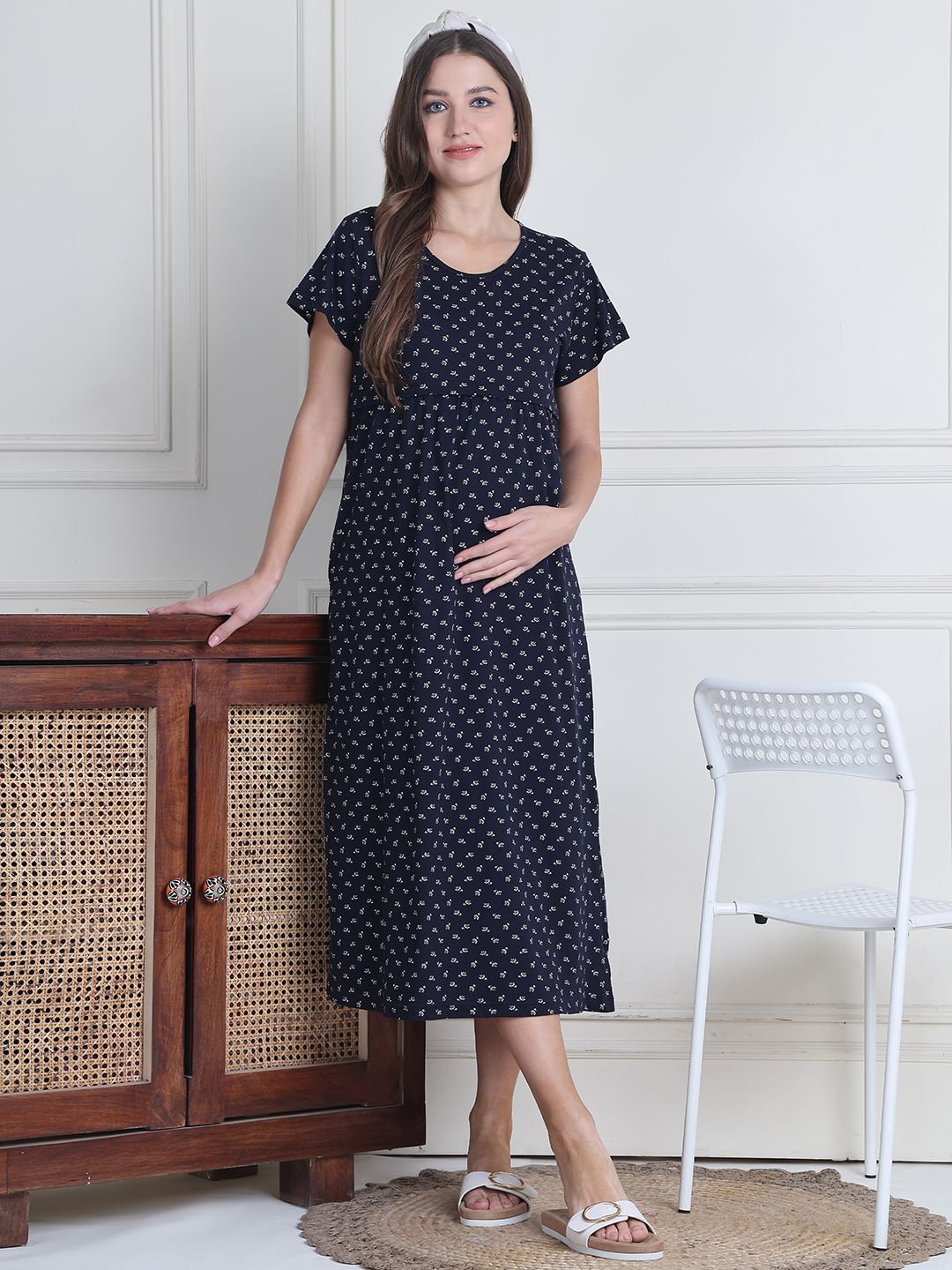 Secret Wish Navy Blue Printed Hosiery Maternity Nighty