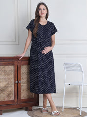 Secret Wish Navy Blue Printed Hosiery Maternity Nighty