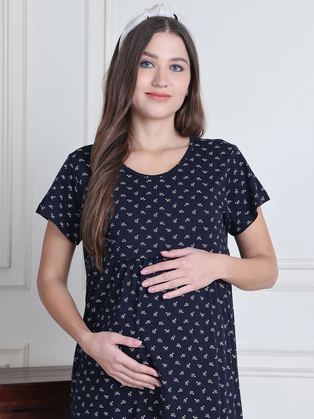 Secret Wish Navy Blue Printed Hosiery Maternity Nighty