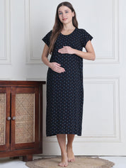 Secret Wish Black Printed Hosiery Maternity Nighty