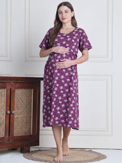 Secret Wish Purple Leaf Hosiery Maternity Nighty