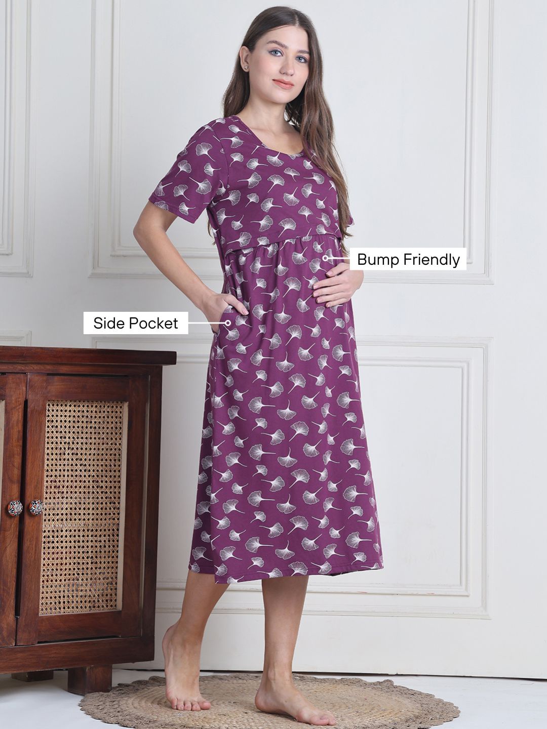 Secret Wish Purple Leaf Hosiery Maternity Nighty