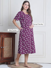 Secret Wish Purple Leaf Hosiery Maternity Nighty