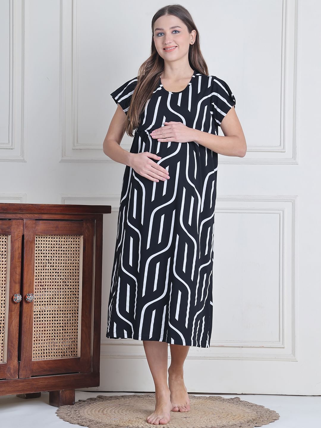 Secret Wish Black Abstract Hosiery Maternity Nighty