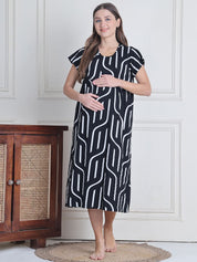 Secret Wish Black Abstract Hosiery Maternity Nighty