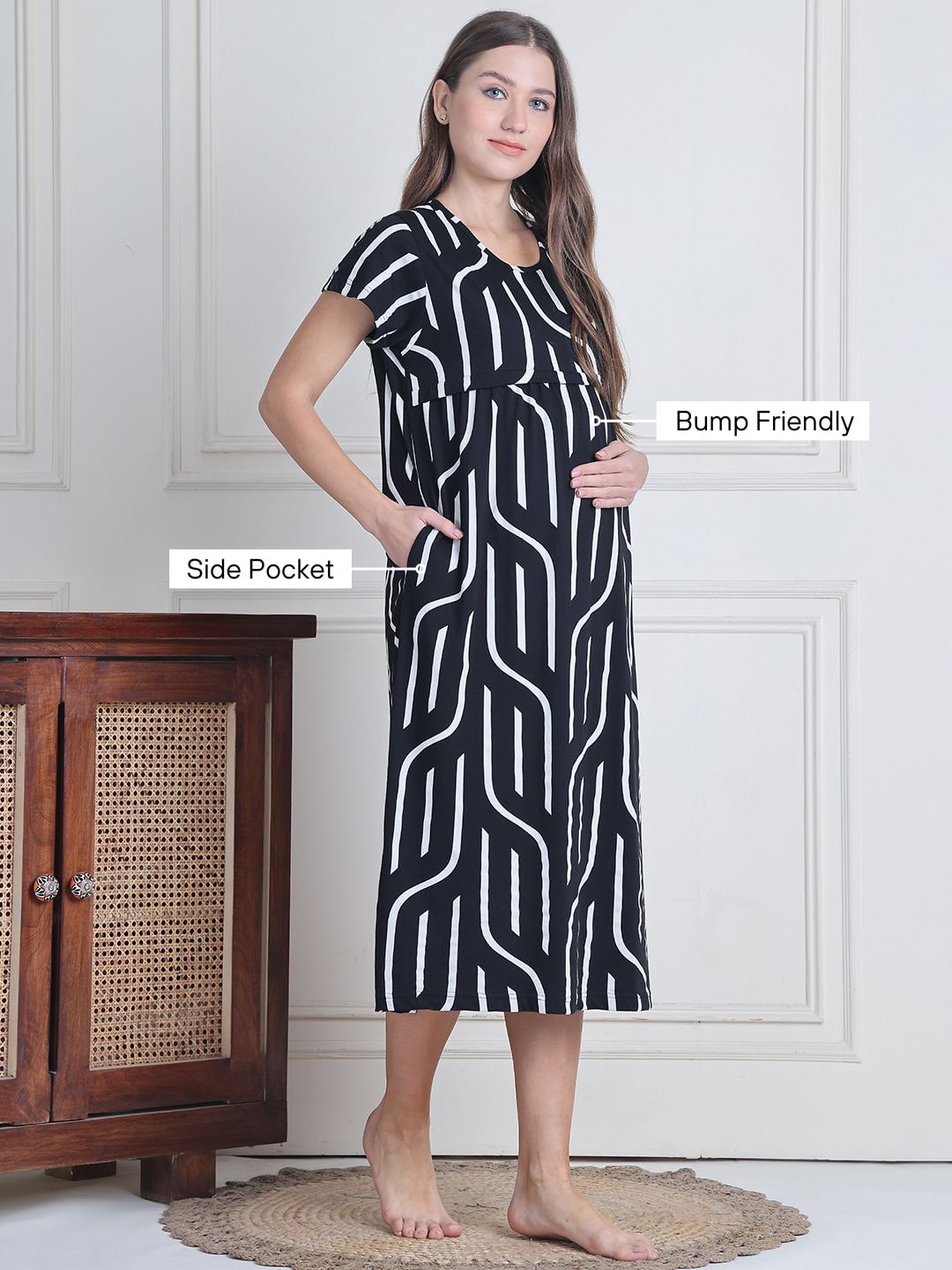 Secret Wish Black Abstract Hosiery Maternity Nighty