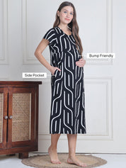 Secret Wish Black Abstract Hosiery Maternity Nighty