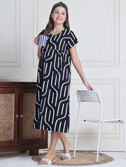 Secret Wish Black Abstract Hosiery Maternity Nighty